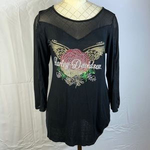 Harley Davidson Medium Black Top 3/4 Sleeve Like new. Netted arms
